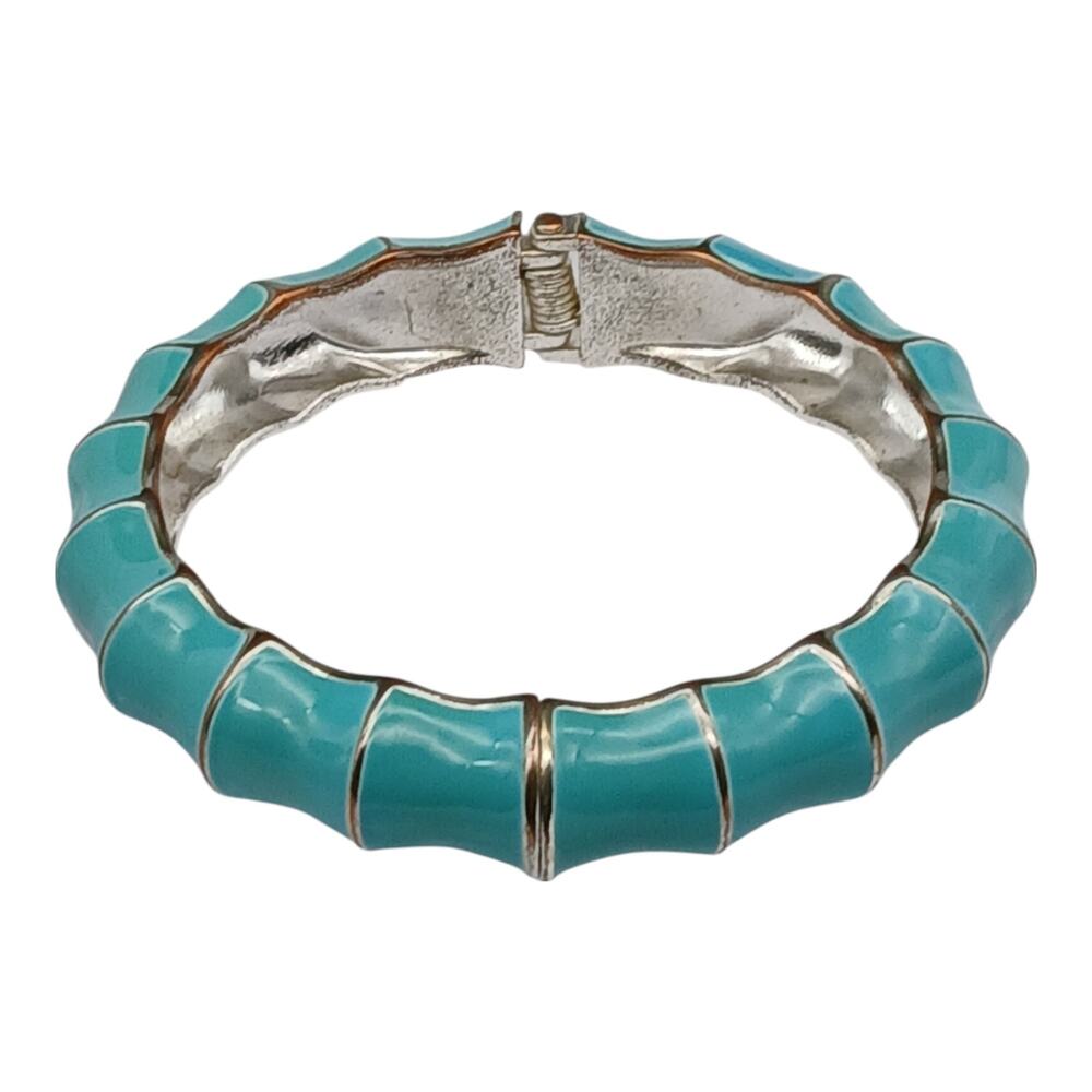 Premier Designs Turquoise Enamel Hinged Bangle Bracelet – Silver Tone